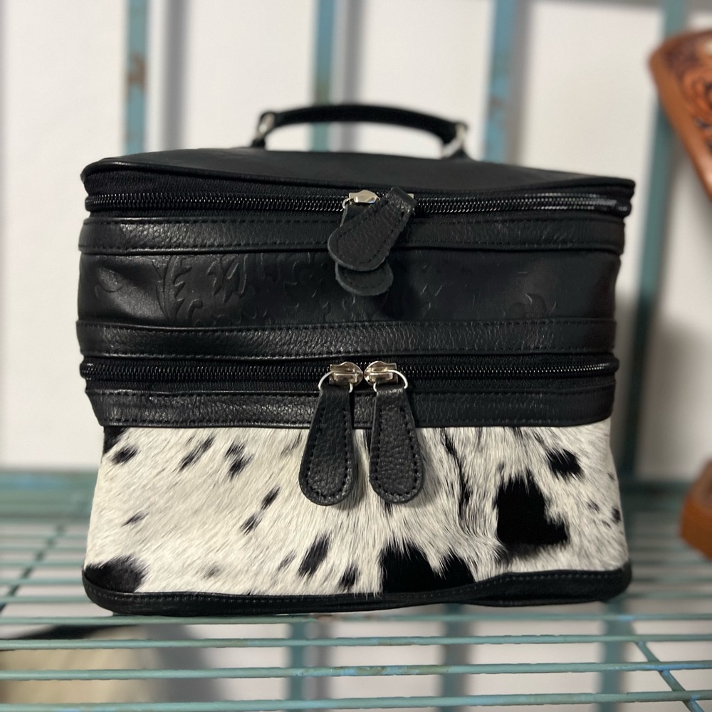 Black White Genuine Cowhide Embossed Leather Makeup Bag Travel Cosmetic Case - Picture 3 of 16